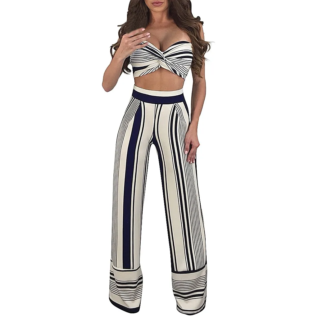 

Striped Two Piece Set Top Pants Set Suit Fashion Wrap Chest Tops Hight Waist Trousers Summer Clothes Conjuntos De Mujer #YL15