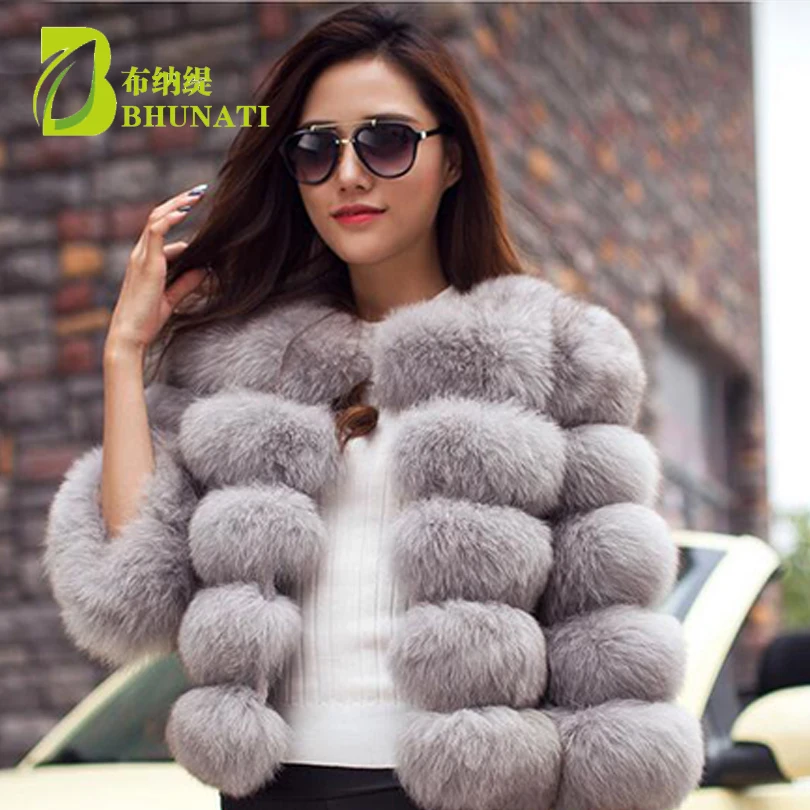 

BHUNATI Winter Women Faux Fur Coat Imitation Fox Fur Stripe Long-sleeved Jacket Female Solid Color O-Neck Short Jacket Coat