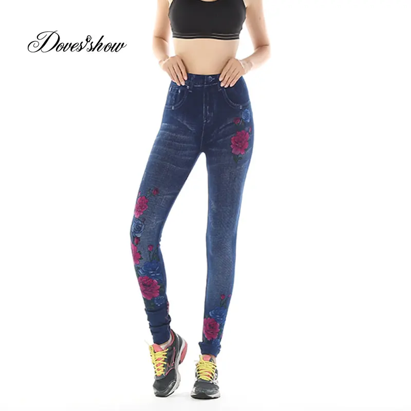 Fashion Slim Women Leggings Faux Denim Jeans Leggings Sexy Hole Heart Printing Casual Women Clothing Pencil Pants Plus size - Цвет: red blue rose