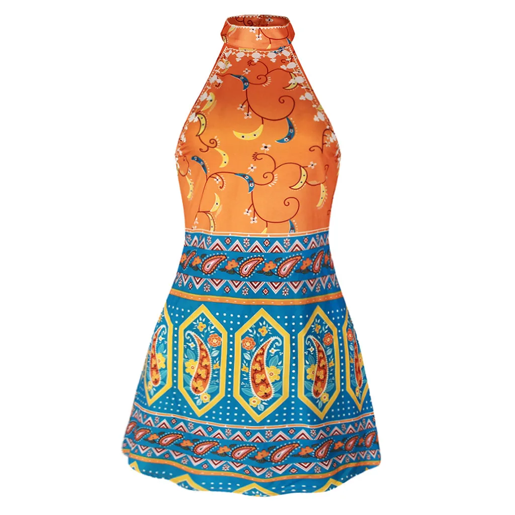 Vestidos de Плайя халат de plage женское бохо платье Холтер без рукавов короткое платье с принтом летнее пляжное черное платье plazowa