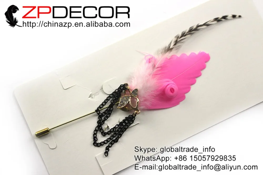 23_Pink black chain goose feather brooch (2)