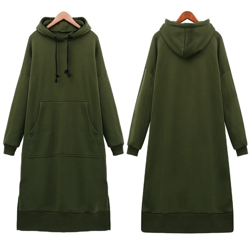  Women's Casual Loose Long Hoodies Autumn Solid Color Sweatshirt Hooded Sweatshirt Dress
