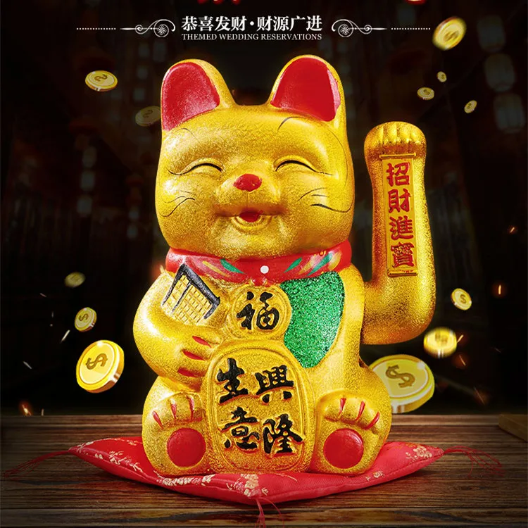 Big 15 Inch Ceramic Cute Smiley Lucky Cat Figurines Feng Shui Wealth Fortune Ornaments Shaking Hands Home Decoration Accessories