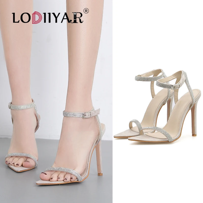

Women Sandals Pointed Toe Crystal Rhinestone Ankle Strap Adjustable Buckle Party Wedding Stiletto Extreme High Heels Shoes Size