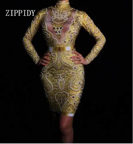 6842 12 De Réductionfête Danniversaire Tenue De Soirée Robe Mode Strass Perles Robe Manches Longues Femmes Robe En Or Femme Chanteuse