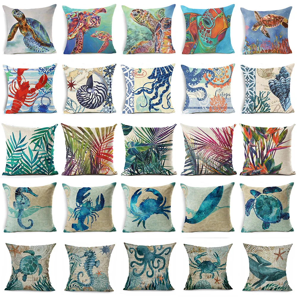 

Hyha Ocean Cushion Cover Cotton Linen Marine amimals Turtl Tropical plants Home Decorative Pillows Cover for Sofa Drop shipping
