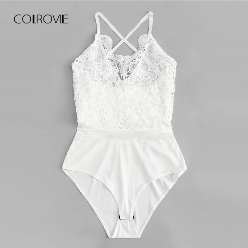 COLROVIE Lace Crochet Contrast Tie Back White Bodysuit 2018 Summer Spaghetti Strap Sexy Bodysuit Embroidery Women Bodysuit COLROVIE Lace Crochet Contrast Tie Back White Bodysuit 2018 Summer Spaghetti Strap Sexy Bodysuit Embroidery Women Bodysuit