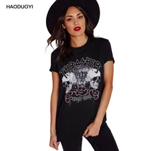 Haoduoyi 2017 New Tee Shirt Femme Halloween 70s Skull Letter Print Hip Pop Rock Punk Women’s T-shirt Creative Tshirt Plus Size