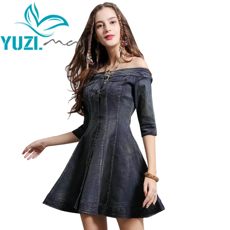 Летнее платье 2019 Yuzi.may Бохо новые джинсовые женские платья с воротником лодочкой