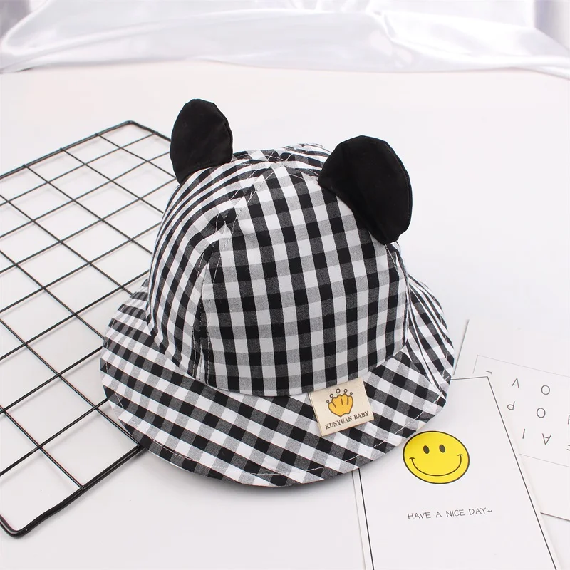 2Striped Baby Sun Bucket Hat Toddler Infant Boy Girl Black Ears UV Protection Basin Caps Cotton Breathable Fashion Grid Hat for Summer