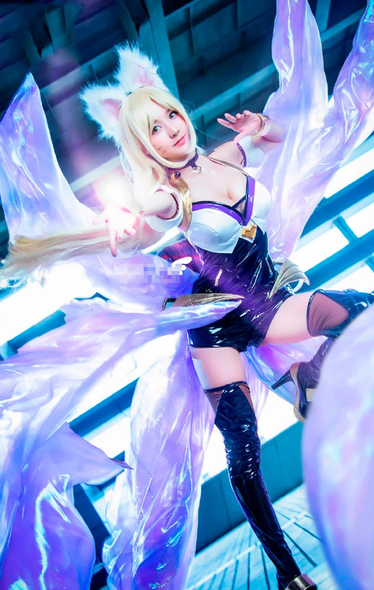 [Feb. Stock] 2018 Game LOL KDA Ahri Cosplay Costume PU Leather Uniform K/DA Ahri Cospaly Full Set With Ear For Halloween Free