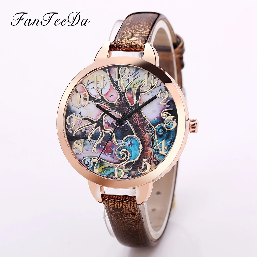 

FanTeeDa Brand Ladies Fashion Watch Famous Clock Quartz Watch PU Leather Watches Tree Design Casual Women Dress Watch Wristwatch