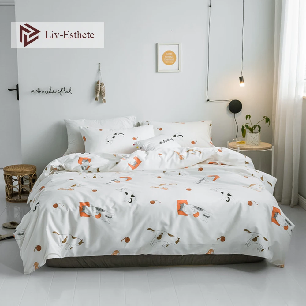 

Liv-Esthete Hot Sale Cute Cat Cartoon 100% Cotton Bedding Set Kids Duvet Cover Pillowcase Flat Sheet Double Queen King Bed Set