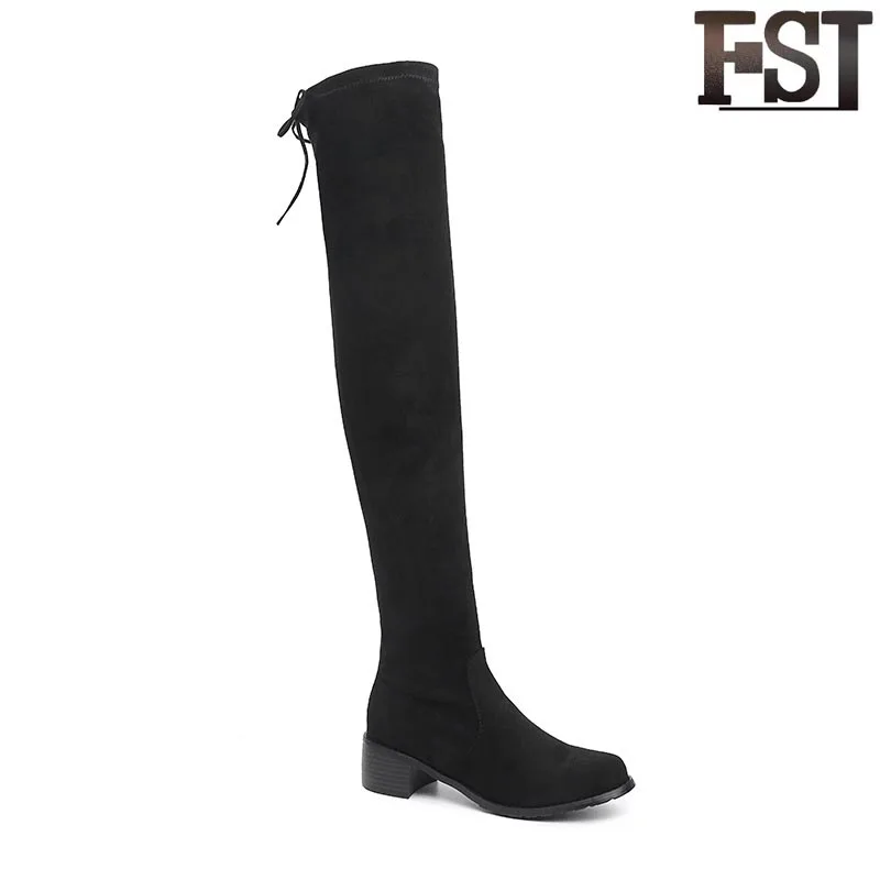 

FSJ Women Shoes Flock Ladies Winter Boots Synthetic Over-the-Knee Round Toe Lace-Up Spring/Autumn Butterfly-knot Med Heel