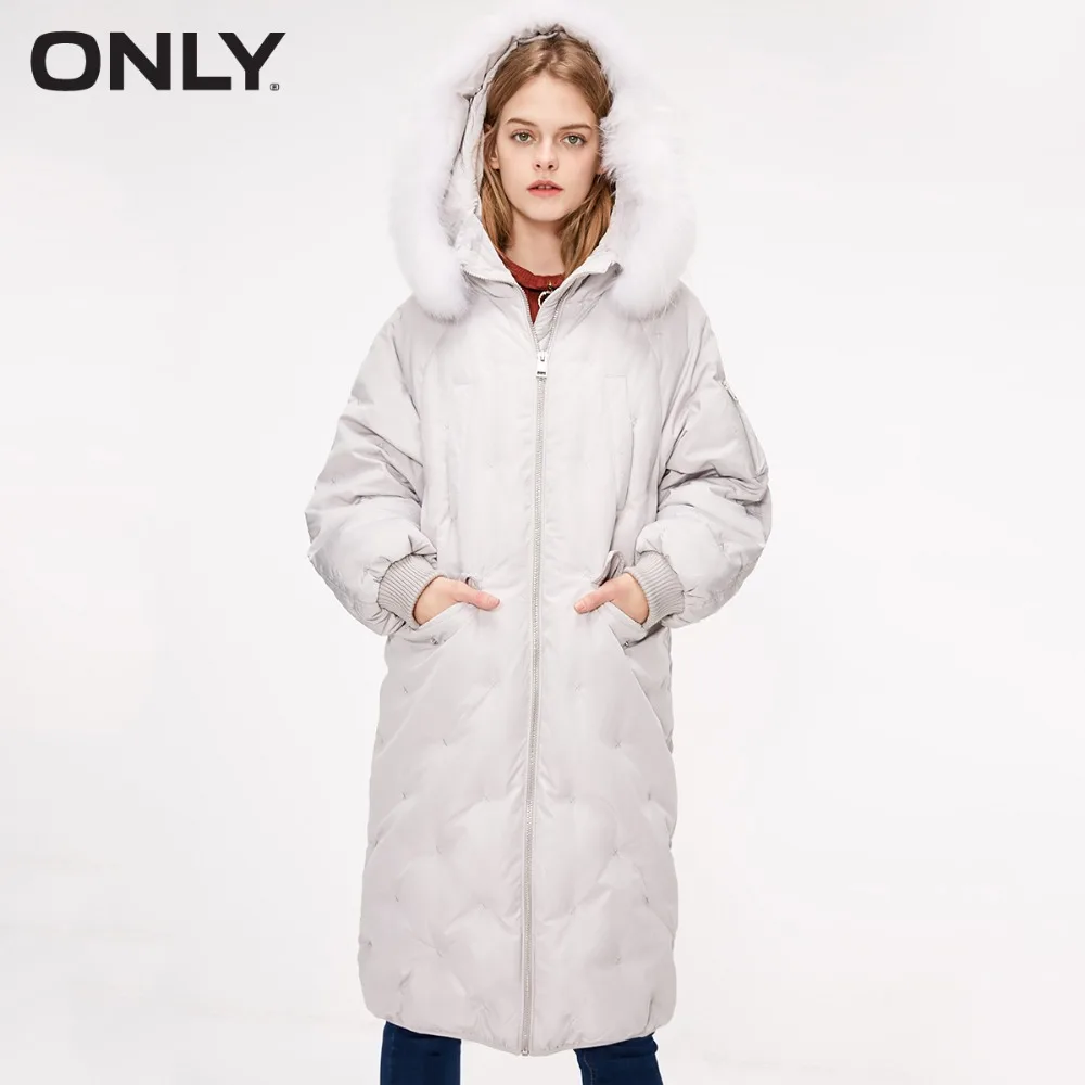 

ONLY Women's Raglan Sleeves Embroidery Long Hooded White Duck Down Jacket |118312574
