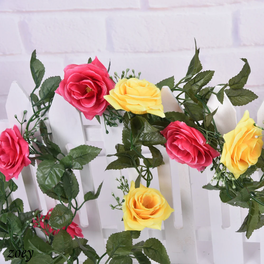 220cm Colorful Fake Silk Roses Ivy Vine 10heads Artificial Flowers