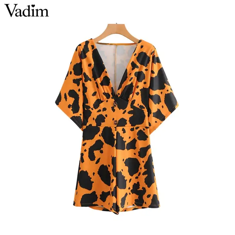 

Vadim women sexy V neck leopard print playsuits animal pattern short sleeve rompers female casual wild jumpsuits KA681