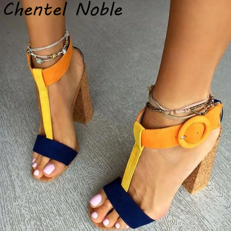 

Round Buckle Chaussures Femme Women Shoes Summer Woman Shoes Street Fashion Wood Grain Color Matching High Heels Sandals 35-42