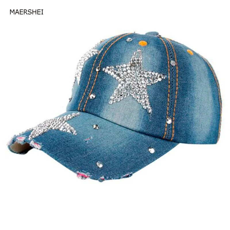 Maershei Для женщин звезды Denim со стразами Бейсбол Кепки девушка snapback плоским шляпа Повседневное Регулируемый Бейсбол Кепки S Casquette хип-хоп