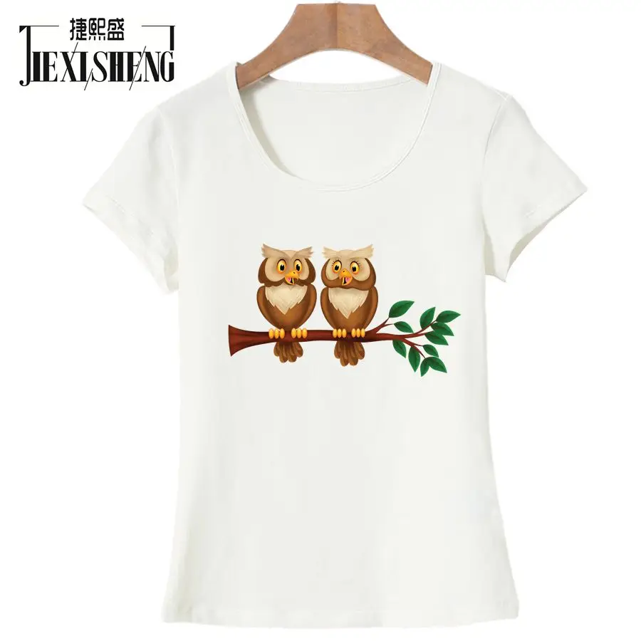 Fashion Hot Sale Women T Shirt Two Owls Printing Female Round neck t-shirts Short Sleeve Casual Cute Tee