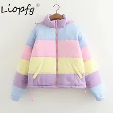 2017 girl new parka female down jacket women’s winter coat Short Rainbow Splicing Color Pastel Panel Puffer light giftXW3437