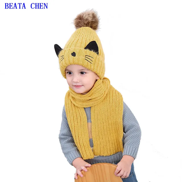 Детские шапки, Осень-зима, утепленная шерстяная шапка для мальчиков и девочек 2-8 лет, детский шарф, два комплекта