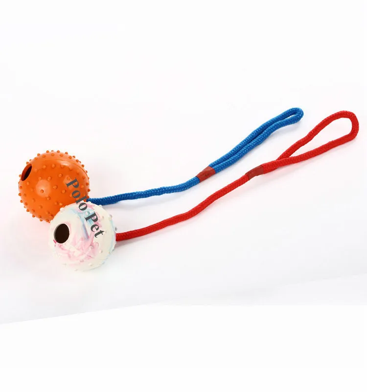 Durable Natural Rubber 7cm Dog Training Ball Rope Toy with Throwing