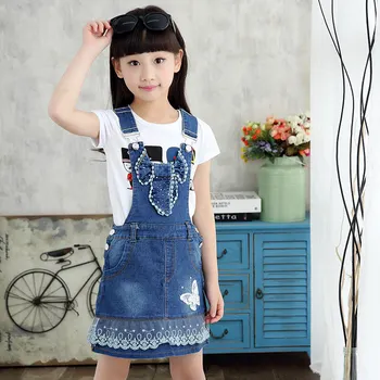 

100% Cotton Summer Lace Bottom Denim Overall For Girls Suspenders Overalls With Bow Girls Casual Jeans Denim Strap Belt Overall