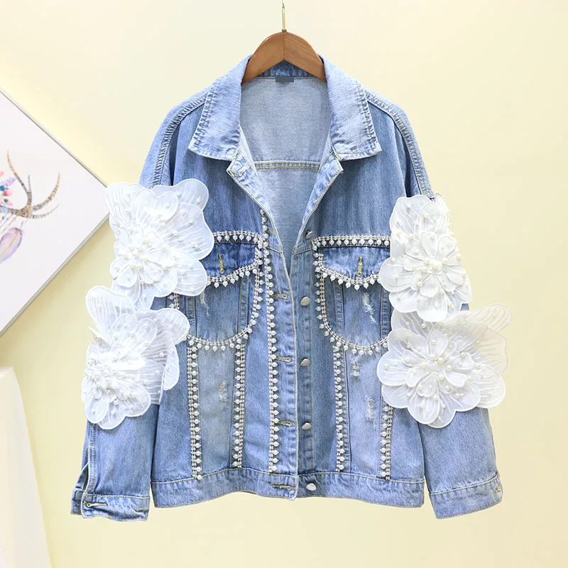 3D flower Jean Jacket New Fashions Women Strong Sparkling Diamonds
