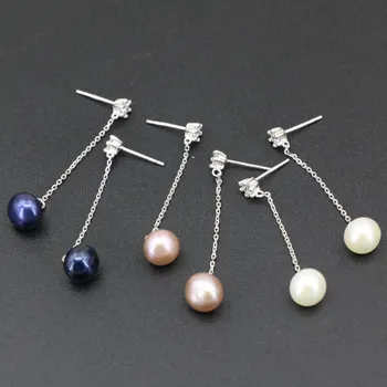 

925 Sterling Silver Long Drop Earring For Women 3 Colors Natural Freshwater Pearl 8mm Dangle Earrings 4cm Gifts Jewelry B3442