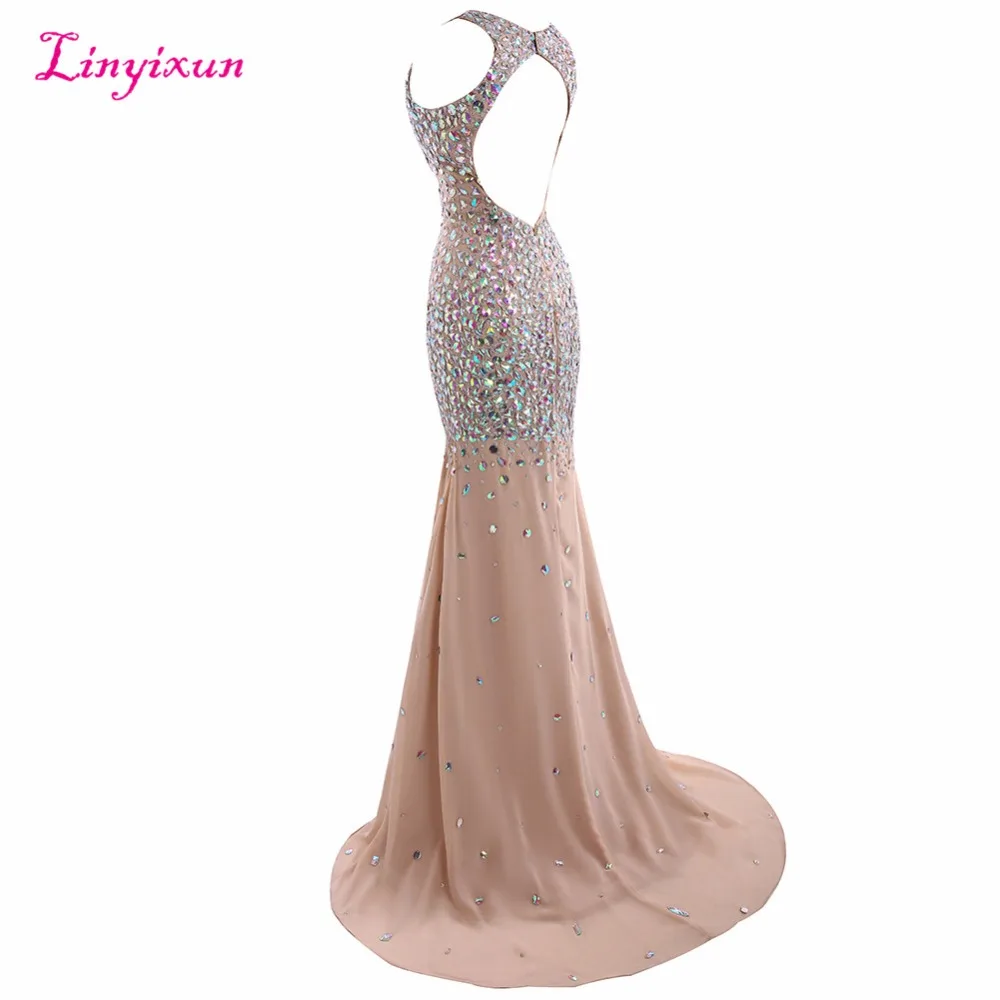 Linyixun настоящая фотография новые сексуальные платья для выпускного вечера роскошный кристалл из бисера длинный v-образный вырез спинки вечерние платья vestido de festa