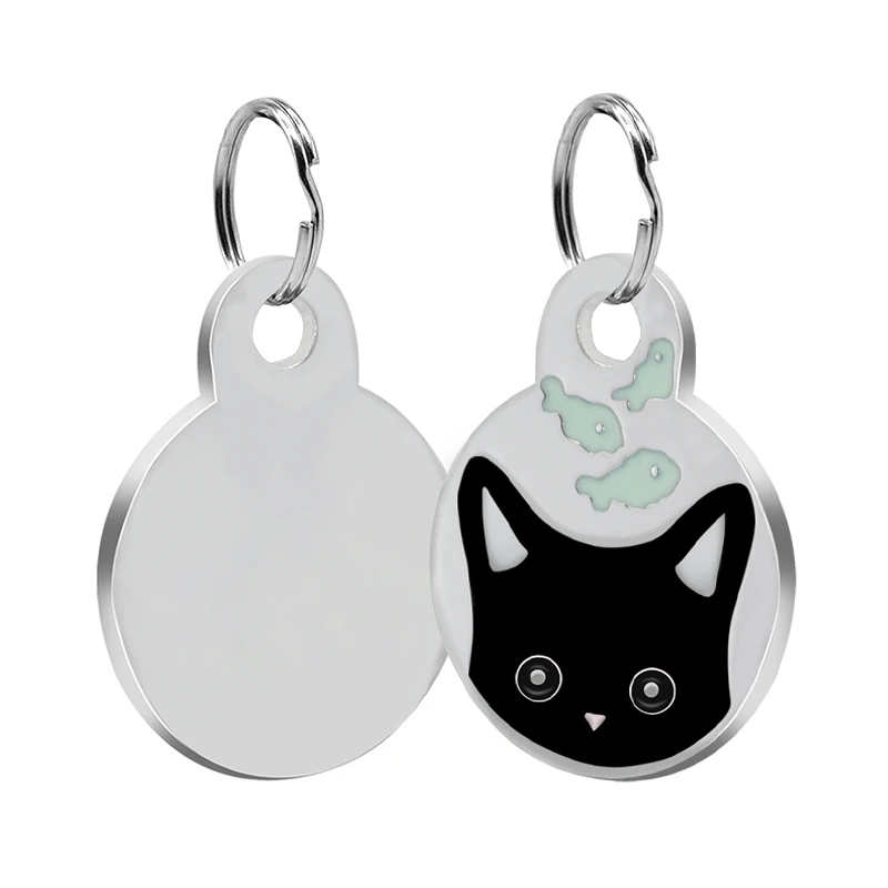 black Loverly Anti-lost Stainless Steel Personalized Round Dog Tag Custom Cat Engraved Name Tags Cute Kitten Face ID Tags - Цвет: black