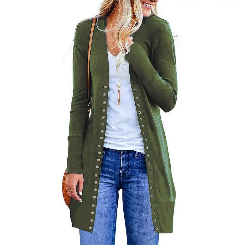 Модный весенний женский вязаный свитер с длинным рукавом, однотонный вязаный кардиган, длинный вязаный джемпер, верхняя одежда, пальто - Цвет: Армейский зеленый