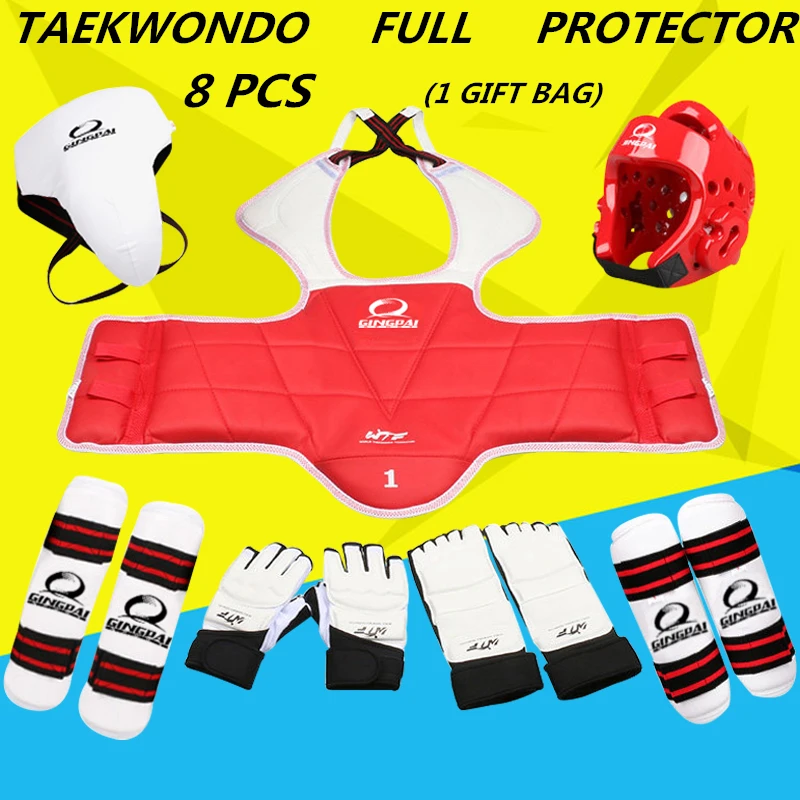 

New Adult kids taekwondo thickening wtf taekwondo protection 8pcs taekwondo protector chest protector karate helmet