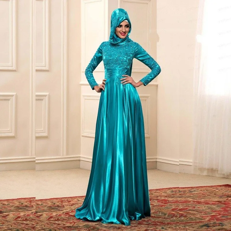 Modest High Neck Long Sleeve Muslim Evening Dresses 2017 Islamic Abaya ...