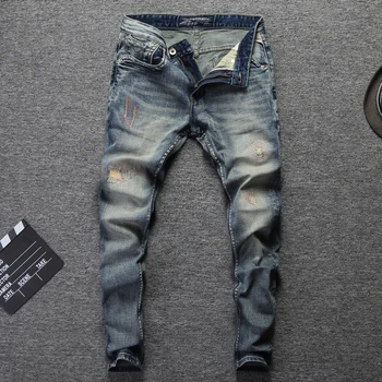 

2018 Fashion Designer Men Jeans Slim Fit Blue Color Cotton Denim Pants Ripped Jeans For Men Patch Design Classical Jeans homme