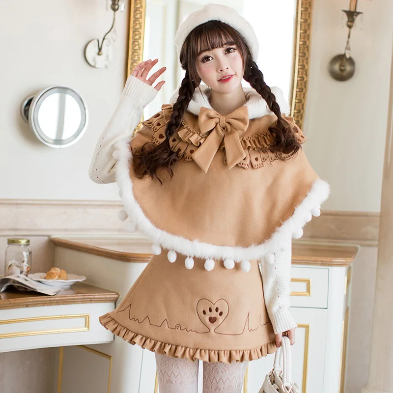 

Princess sweet lolita coat Candy rain loose cap cloak coat woman autumn winter little hair woolen coat short style C22CD7300