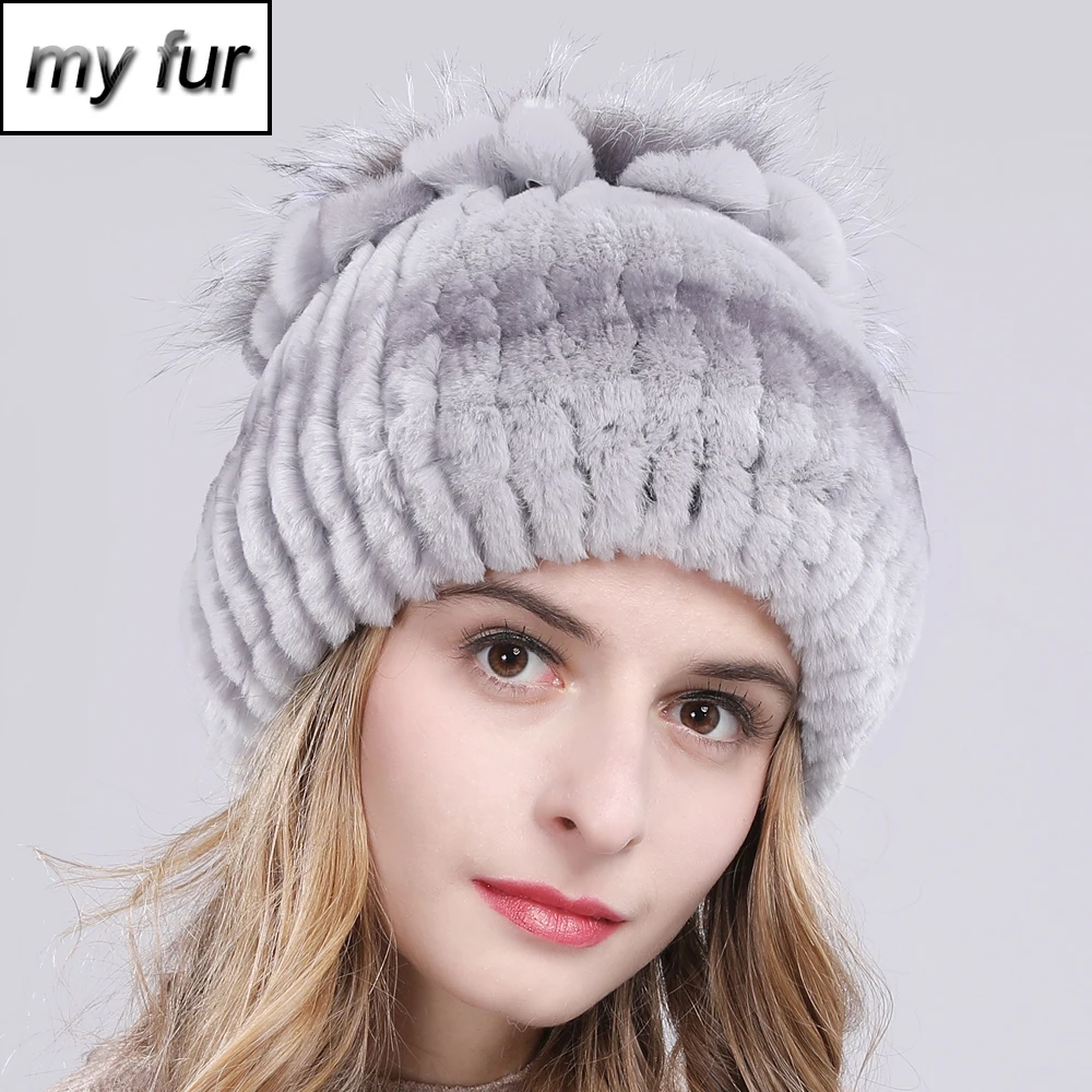 

2019 Women Natural Real Rex Rabbit Fur Beanies Hats Winter Warm Knitted Rex Rabbit Fur Caps New Female With Fox Fur Skullies Hat