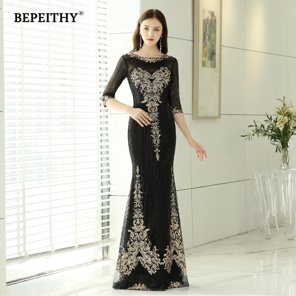 

BEPEITHY Elegant Mermaid Long Evening Dress Half Sleeves Lace Vintage Prom Dress Formal Gown Robe De Soiree 2019 Hot Sale