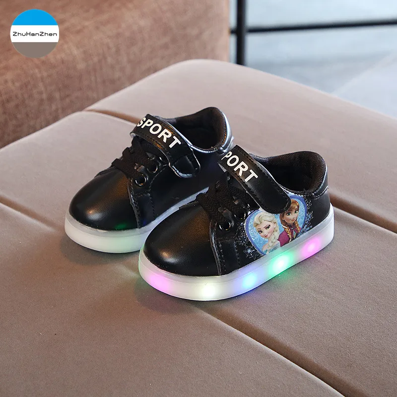 Светодиодный свет детская повседневная обувь светящийся мультфильм 1-5 лет детские мальчики и девочки спортивная обувь мягкая подошва плоская обувь - Цвет: Черный