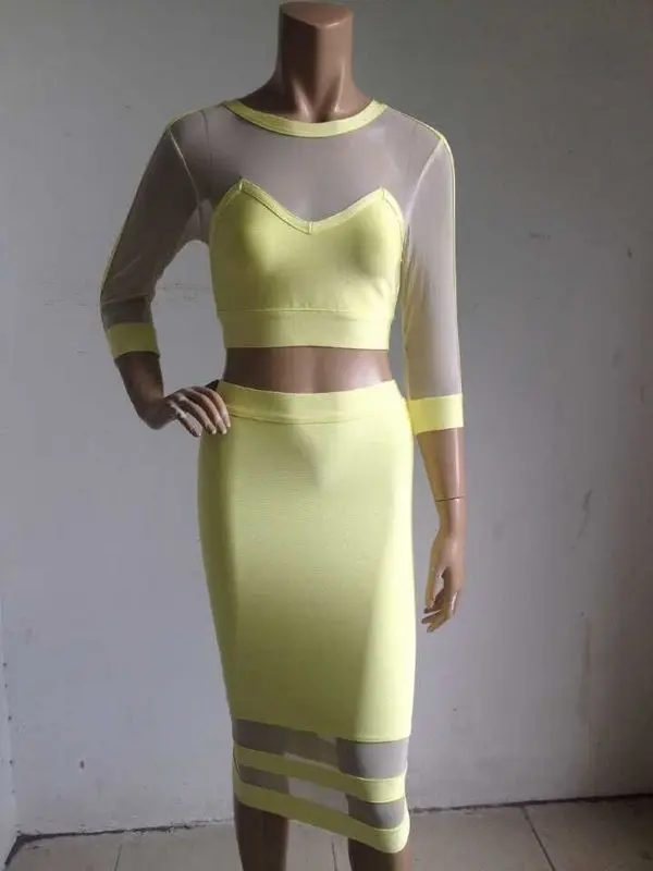 Сексуальный модный желтый сетчатый средний рукав 2 шт.; Бандажное платье обтягивающее платье, оптовые продажи
