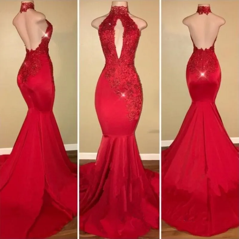 Red Mermaid Prom Dresses for African Black Girls 2019 Vestido De Festa Sexy Backless Halter Lace Runway Fashion Party Gowns | Свадьбы и