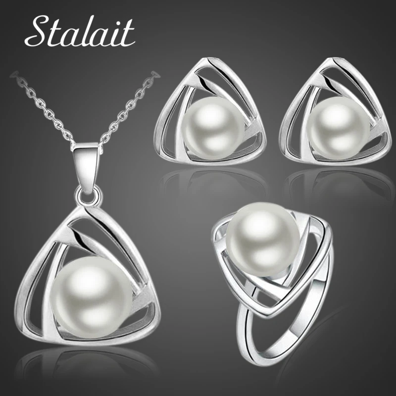 2019 nová módní značka svatební šperky sada stříbrná barva simulované perlový přívěsek náhrdelník náušnice kroužky šperky sady 29073