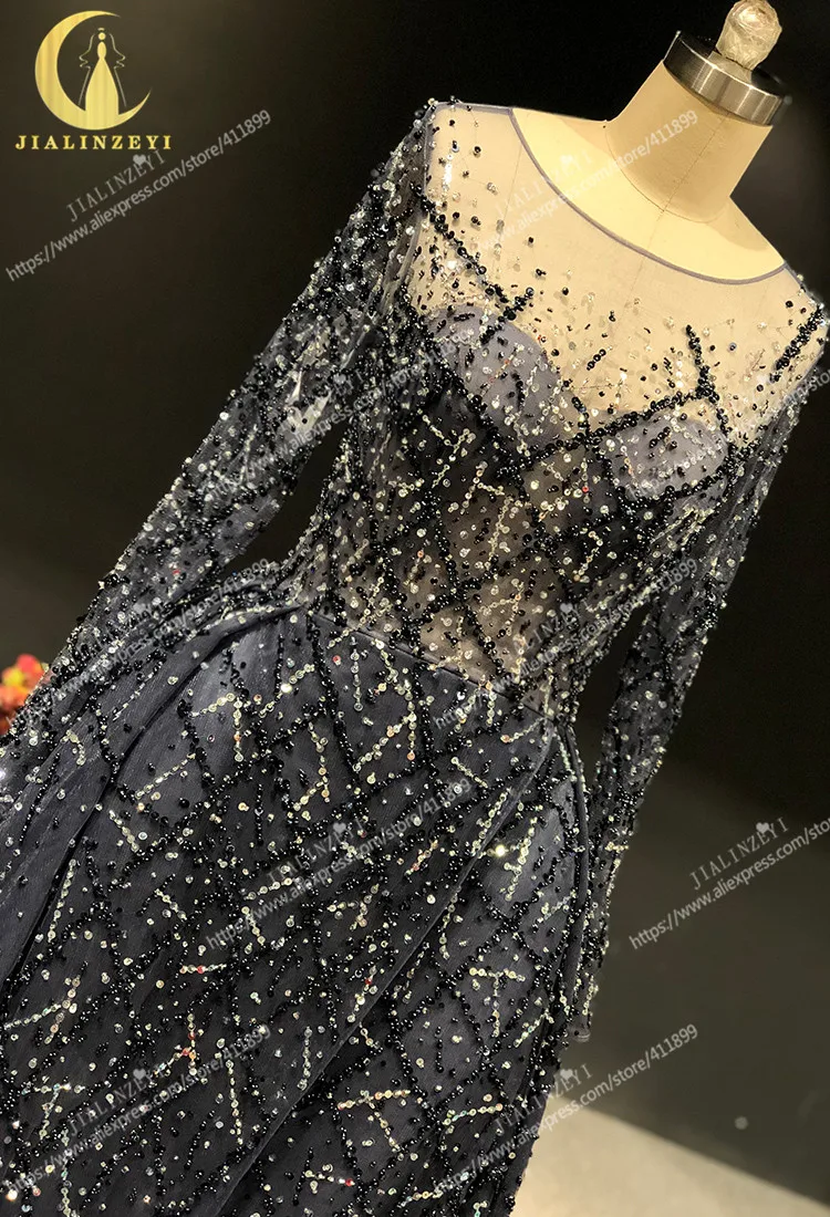 JIALINZEYI реальное изображение роскошный Темно-синие одежда с длинным рукавом бусины сексуальный халат de soiree Вечерние платья вечернее платье