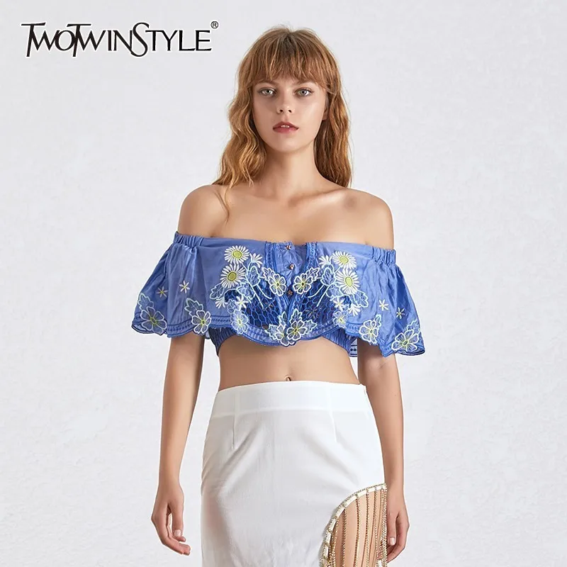 

TWOTWINSTYLE Summer Short Length Women's Shirt Sexy Off Shoulder Slash Neck Short Sleeve Embroidery Blouse Female Fashion 2019