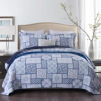 

100%cotton 3pcs American bohemian style patchwork quilt full/queen size blue plaid плед bed cover bedspread free shipping AL