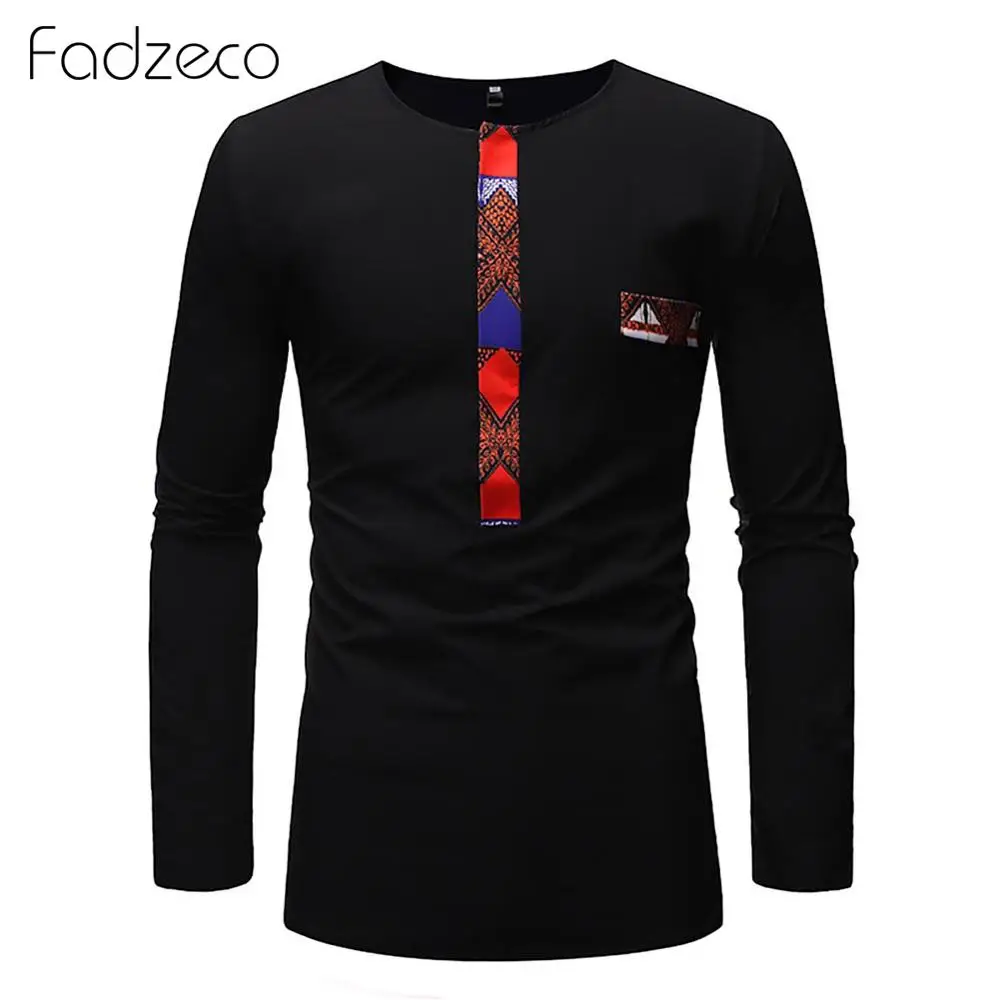 

Fadzeco Men African Clothes Dashiki T Shirts Contrast Color Patchwork Long Sleeve Tribal Print Tee Shirt Male Ethnic Streetwear