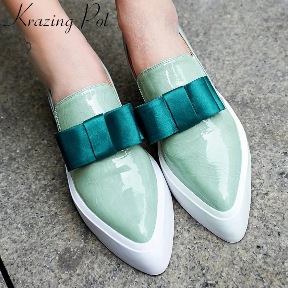 

2019 Elegant lady mixed colors genuine leather sweet butterfly-knot slip on pointed toe low bottom loafers vulcanized shoes L18