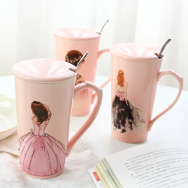 Korean girls cute pink princess heart cup with lid spoon ceramic mug cup lid student literaryin