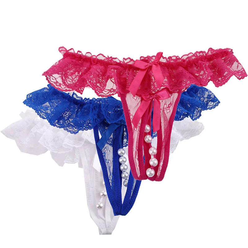 

2019 Cute Open String Crotch Thong Mesh Pearl Massage Lady Sexy Temptation Pants Underwear Women Intimates Panties Lace Briefs